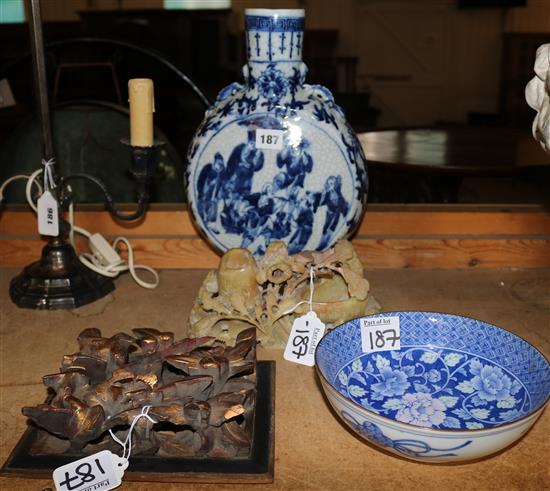 Blue & white Oriental moon flask dish carving & soapstone carving